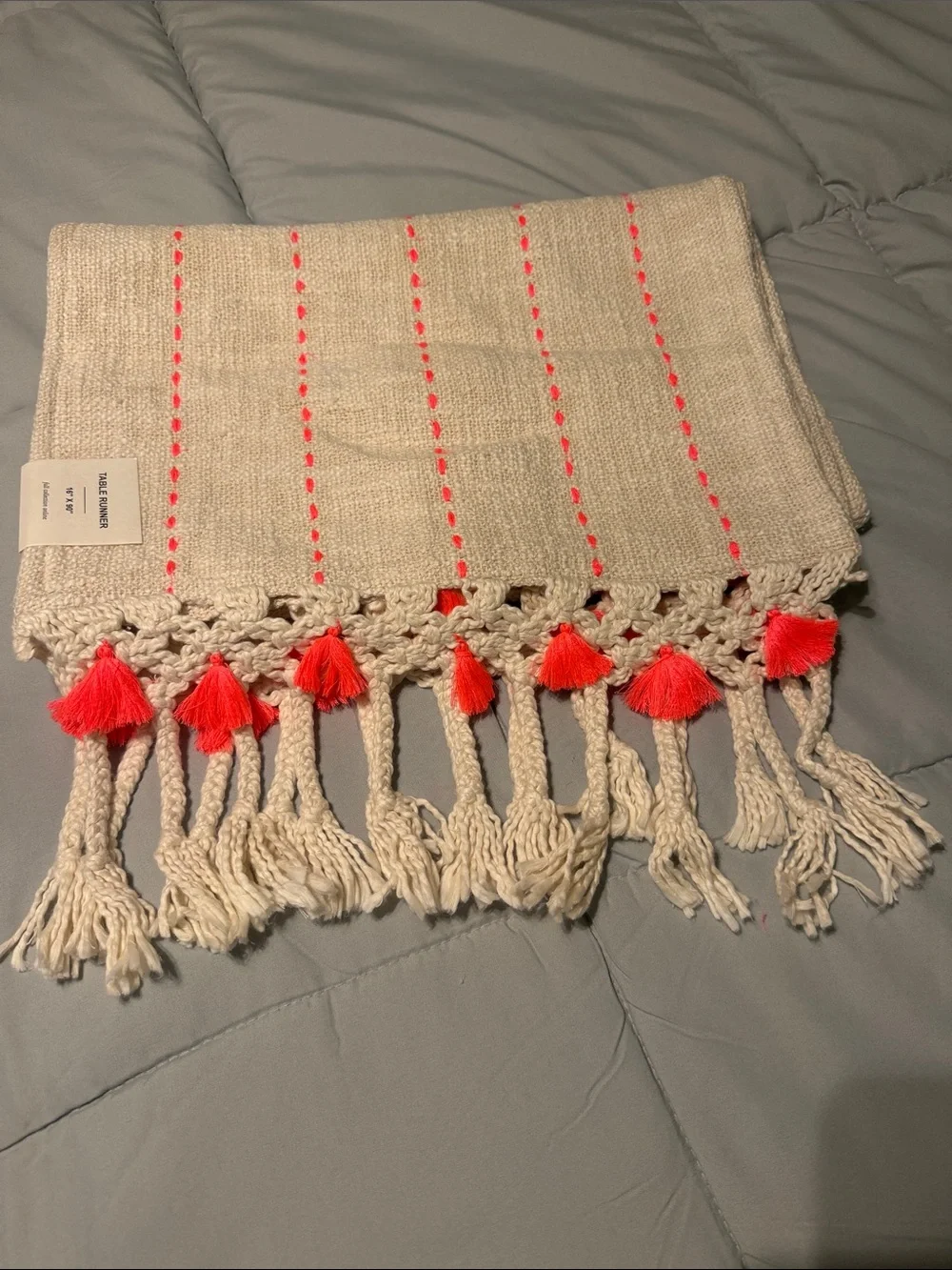 Anthropologie Cream Woven Throw with Neon Pink Tassels